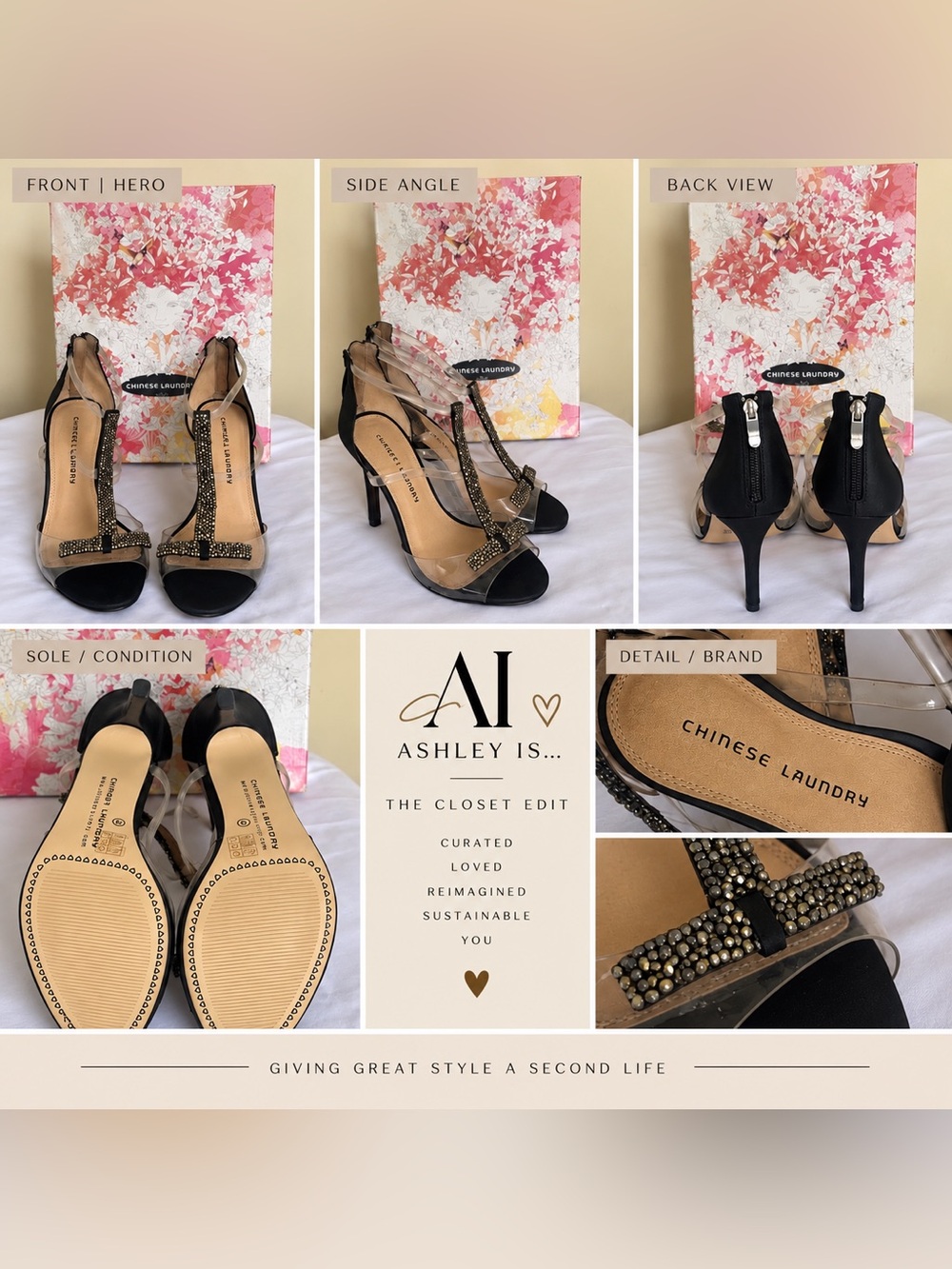 Chinese Laundry Black and Beige T-Strap Rhinestone Heels